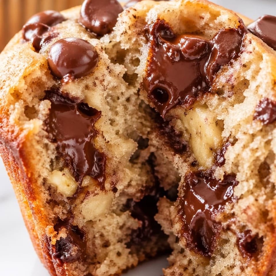 Close-up of a golden chocolate chip muffin with melted chocolate chips and a crumbly, moist interior.