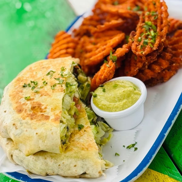 A golden-brown burrito with lettuce and a side of waffle fries and guacamole on a white plate.