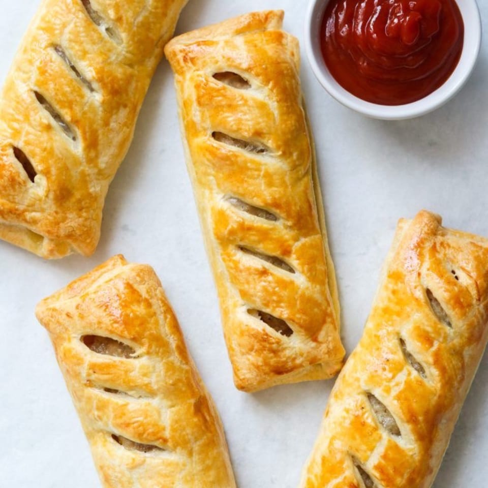 Golden-brown fruit-filled pastries arranged on a light surface with a bowl of red dipping sauce.