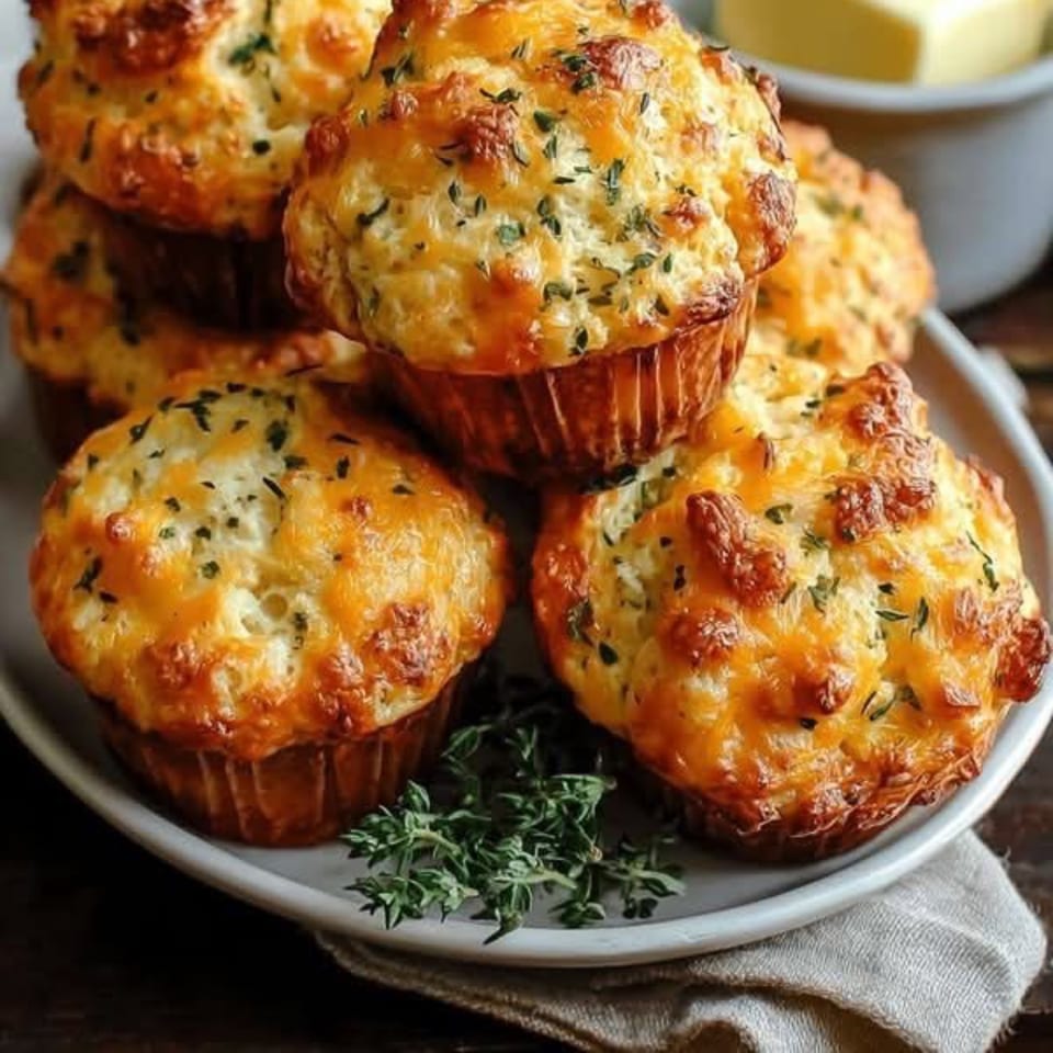 Golden savory muffins topped with herbs and cheese, arranged on a plate with fresh thyme garnish.