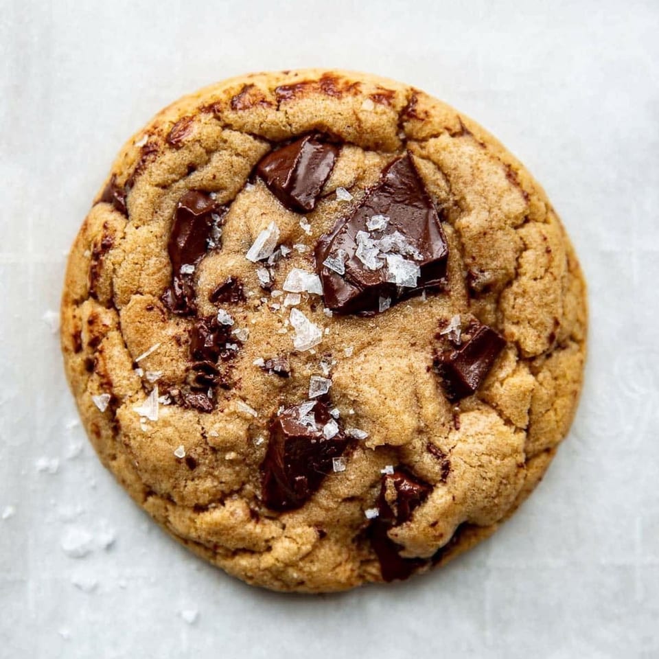 Close-up of a golden chocolate chunk cookie topped with flaky sea salt on a white surface.